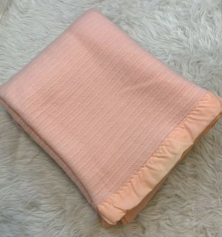 Vintage Waffle Weave Blanket Satin Trim Peach Pink Queen 98 X 90 Inches