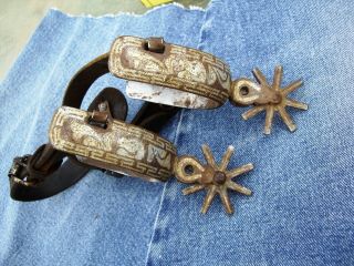 Vintage Silver Inlaid Mexican Spurs With Straps.
