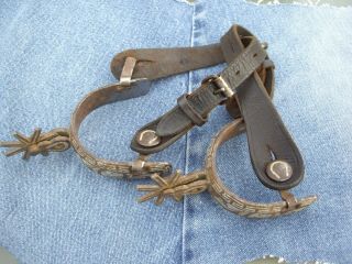 Vintage silver inlaid Mexican spurs with straps. 3