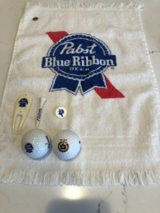 Pbr Pabst Blue Ribbon Beer Golf Towel,  2 Balls,  Tee,  Ball Marker,  Divot Tool