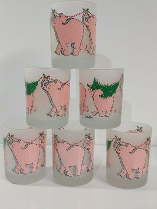 Vintage Set Of (6) Neiman Marcus Pink Elephant Christmas Glasses Frosted Snow
