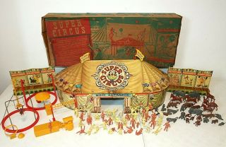 Vintage 1950s Marx Circus Tin Litho Tent Playset Figures 4320 Box