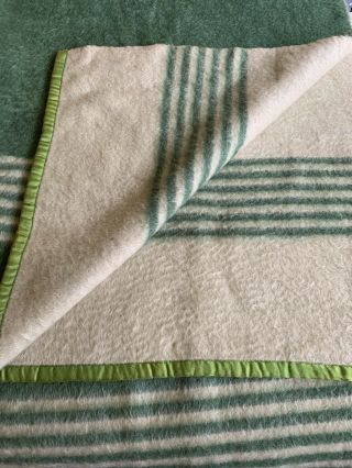 Vtg 100 Wool Green Striped Blanket 88” X 64” Ram Label Warm