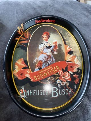 Vintage 1886 Budweiser Beer Oval Metal Serving Tray German Barmaid Woman 15” Bud