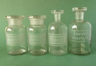 Four Vintage Etched Glass Pharmacy Chemist Apothecary Bottles W.  Stoppers