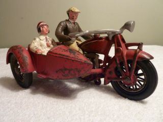 Hubley Cast Iron Large 9 " Indian Motorcycle With Sidecar Civilian Riders 1930 