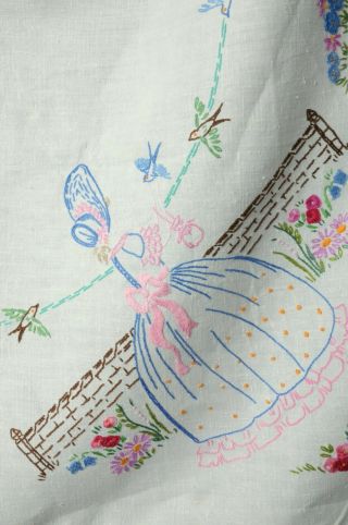 Vintage Hand Embroidered Tablecloth Crinoline Ladies Floral English