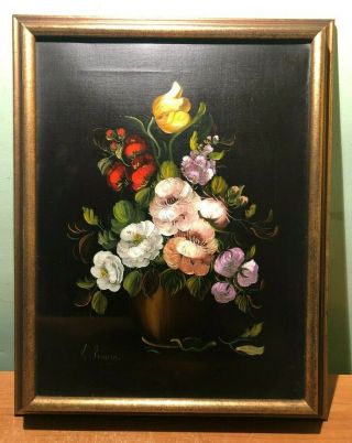 Vintage Signed Oil On Canvas Still Life Vase Of Flowers Painting - Framed