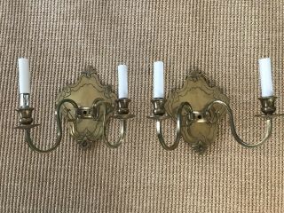 Pair Vintage Brass Detailed Wall Double Sconces Electric Light Fixtures