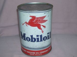 Old Vintage Mobiloil Metal Tin Quart Oil Can Full With Flying Horse Pegasus