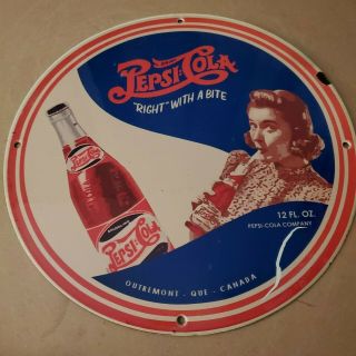 Vintage Porcelain Drink Pepsi Cola Right With A Bite Soda Man Cave Garage Sign
