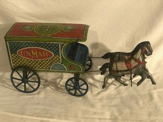 Us Mail American Tin Toy Horse And Carriage Wagon Large Toy