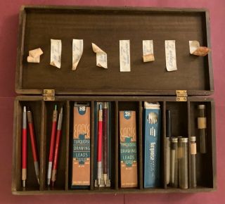 Vintage Mechanical Drawing Pencils And Leads In Wooden Box