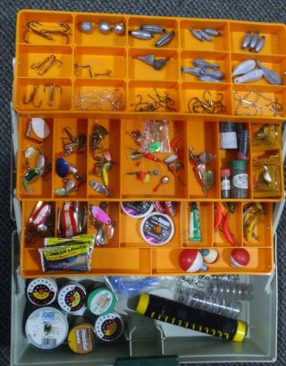 Vintage Rebel 600 Tackle Box Full Of Lures,  Weights,  Hooks,  Etc.  Fishing Gear