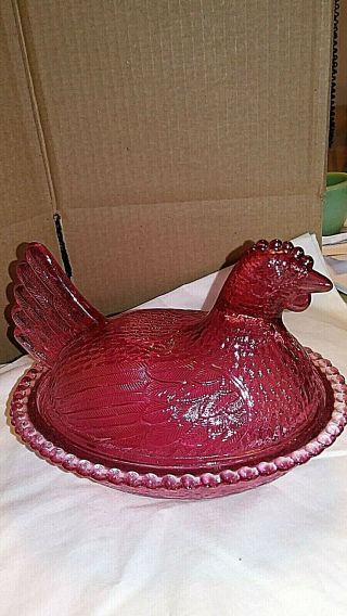 Vintage Indiana Glass Cranberry Hen On Nest Covered Candy Dish