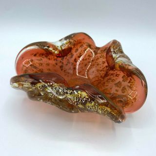 Vintage Murano Art Glass Cranberry Red Gold Flake Dish Ashtray