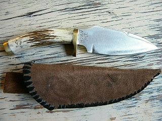 Vintage Fixed Blade Knife Marked Horn Mt.  Leather Heavy Duty Sheath Skinner