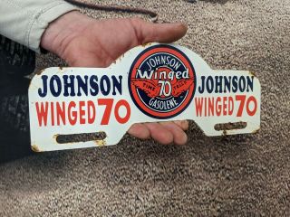 Old Vintage Johnson Wing Gasoline Motor Oil Dealer License Plate Holder Gas Sign