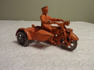 Hubley Cast Iron Motorcycle With Sidecar Orange 4 1/4 ",  1930 