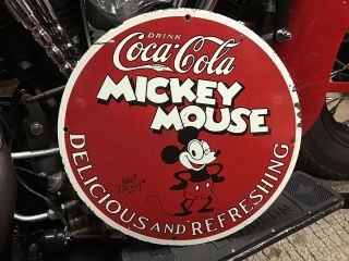 Vintage Porcelain 1928 Mickey Mouse Coca - Cola Display Sign Disney Soda Fountain