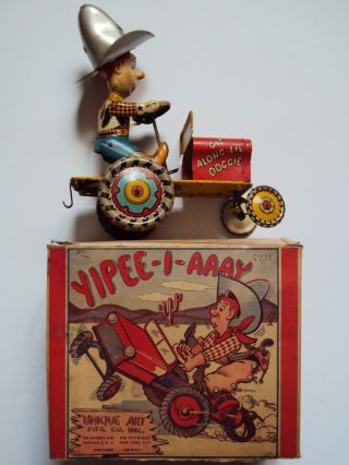 1940 Unique Art Rodeo Joe Tin Toy Boxed Usa Yipie I Aaay Car Windup Cowboy Litho