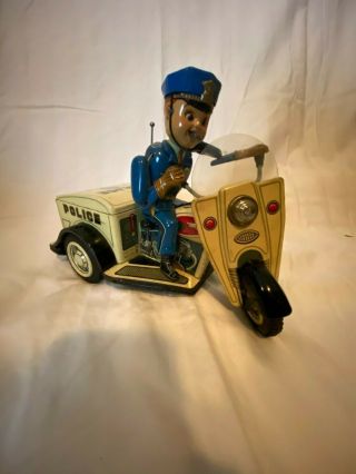 Vintage Tin Battery Operated Police Patrol Auto - Tricycle Motorcycle 1960s Japan