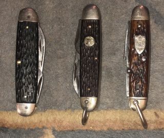 3 Vintage Boy Scout Knives Pal Cutlery Arched Ulster Usa & Ulster Dwight Devine