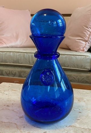 Vintage Biot Cobalt Blue Bubble Art Glass Decanter France Signed