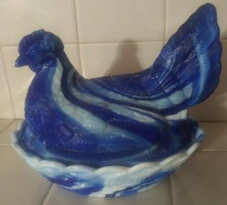 Vintage Blue White Swirl Glass Hen On Nest Basket Chicken Covered Candy Dish