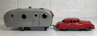 Vintage Sss Tin Friction Sedan Car W Camper House Trailer Motor Home Toy Japan