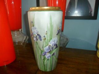 Vintage Limoges France Large Hand Painted Iris Flowers Vase 12 1/4 " Tall
