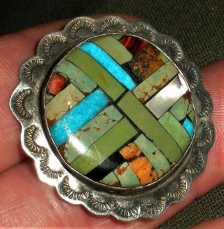 Vintage Navajo Inlaid Stone Sterling Silver Large Button Turquoise Vafo