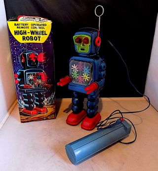 Vintage Tinplate Battery - Operated High Wheel Robot Toy,  Yoshiya (ko) Japan,  Exib