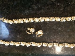 Vintage Trifari Gold And Pearl Set - Necklace,  Bracelet,  Earrings.