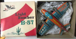Rare Asahi Toy Made In Japan Tin Litho Friction Light Bomber B - 57