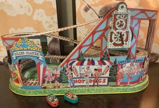 1955 J Chein Tin Lithograph Wind Up Roller Coaster W/ Cars &