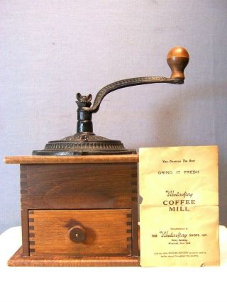 Vintage Woodcroftery Coffee Mill Grinder Wood Cast Iron W/ Instruction Book Guc
