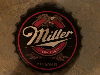 Miller Tin Bottle Cap Sign Man Cave Bar Office Vintage Pub 14 Inch