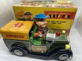 Rare Showa Vintage Battery Operated Tin Litho Sheriff Car Siren And Light