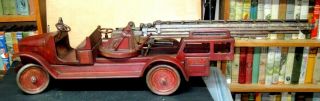 Vintage Buddy L Aerial Ladder Fire Truck 40 Inches,  Paint Circa 1920