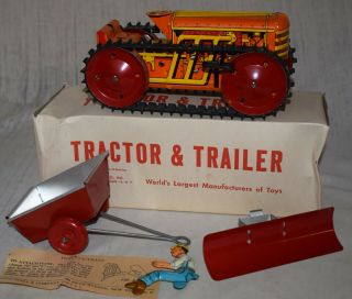 Vintage Marx Tin Windup Tractor & Trailer Set - Cond.