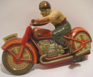 Old Us Zone Germany Technofix Tin Wind Up Speeding Motorcycle W/ Driver