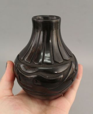 Small Vintage Denise Chavarria Santa Clara Pueblo Carved Black Pottery Vase