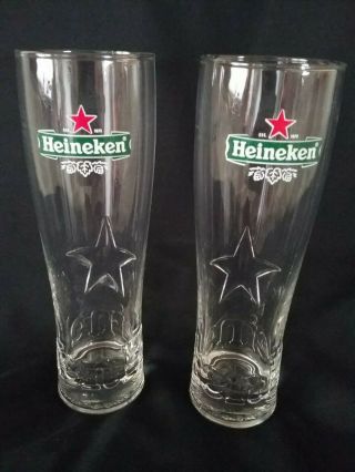 Heineken Beer Glasses Set Of 2 Etched Nucleated 20oz.  Tall Style Glass