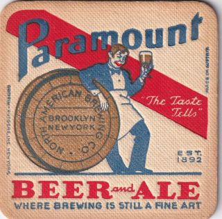 Paramount Beer & Ale Beer Coaster - North American,  Brooklyn,  York,  Ny