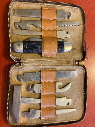 8 Pc Vintage Utica Cutlery Co.  Knife Kit With Tools,  Leather Case