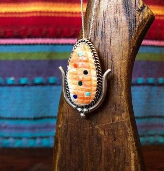 Vintage Signed Native American Sterling Silver Multi Stone Corn Harvest Pendant