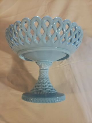 Vintage Atterbury Blue Milk Glass Compote Pedestal Fruit Bowl Basket C.  1880 - 1890