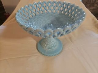 Vintage Atterbury Blue Milk Glass Compote Pedestal Fruit Bowl Basket c.  1880 - 1890 3