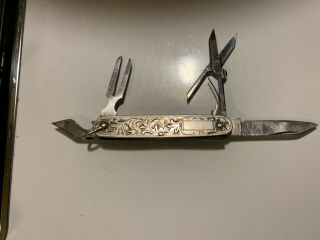 Vintage Oriental Japan Sterling Silver Gents Etched Camp Utility Pocket Knife.